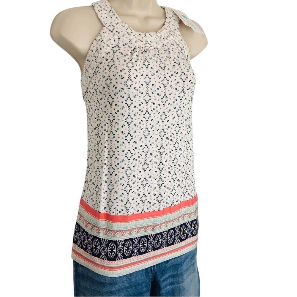 NWT Skies Are Blue Casual Embroidered Tank Top Medallion Print Cream Blue Coral - Picture 3 of 16